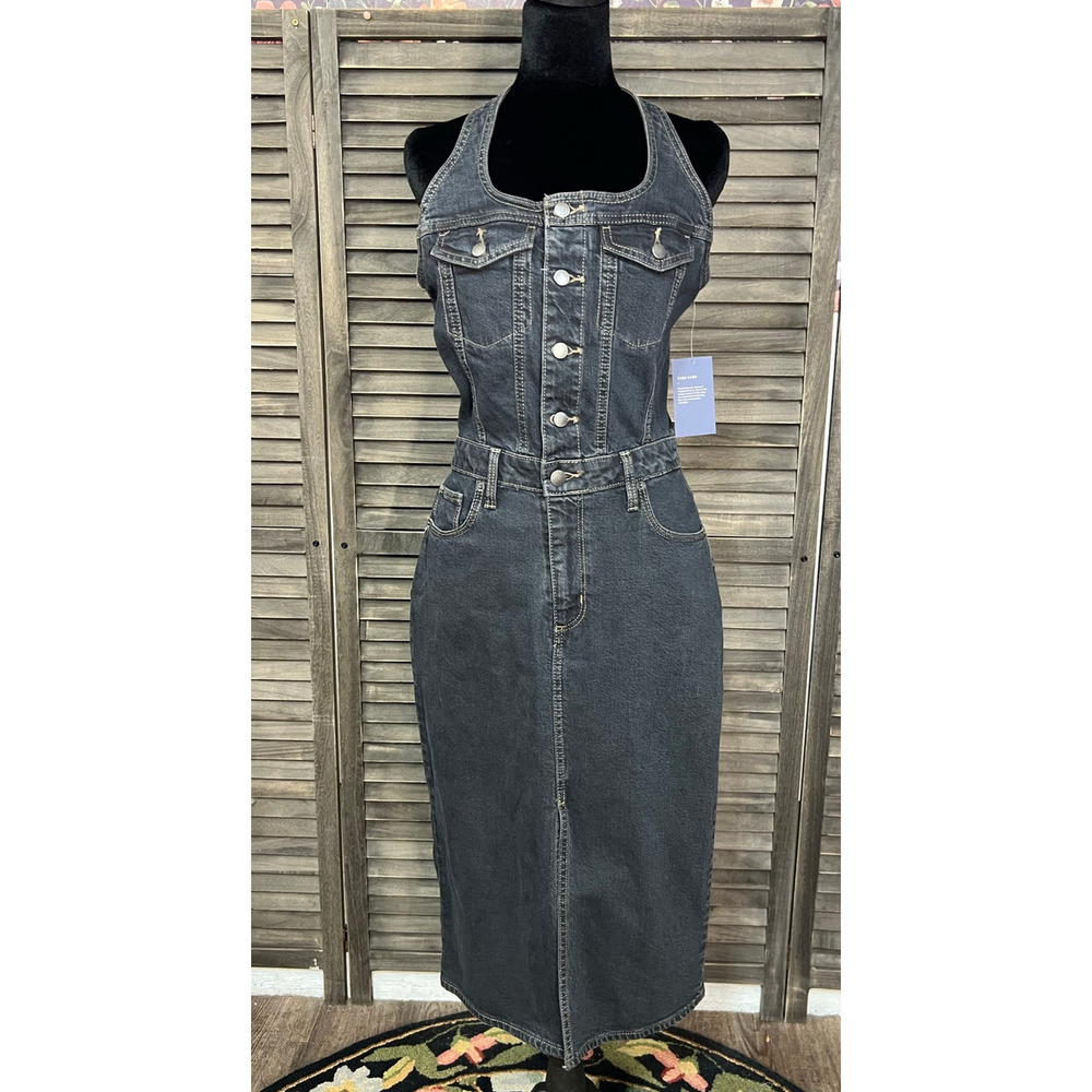NWT Black Denim Halter Midi Dress Button Front Open Back Universal Thread Size 6 - Picture 5 of 9